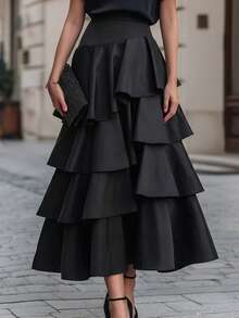 Vuslat 女士黑色不对称下摆层叠荷叶边高腰喇叭长裙，适合晚宴、婚礼宾客、情人节、夏季、狂欢节、海滩装扮、派对、外出上衣、女士节日狂欢装扮 - 黑色 - 查看 6
