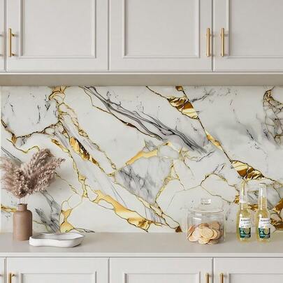 1 Roll Gold Marble Texture Self-Adhesive Wallpaper, Waterproof, Oil-Proof, Removable, Kitchen Oil-Proof Sticker, Bedroom, Living Room, Countertop, Wall Decor, Furniture Renewal, Wallpaper, DIY Home Decor, Modern Wallpaper, Sticker