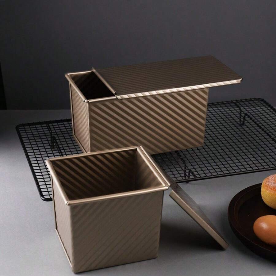 1个金色碳钢/铝合金不粘吐司模具，波浪形设计，带盖和透气孔，低糖可清洗耐高温面包烘焙工具 - 金色 - 查看 1