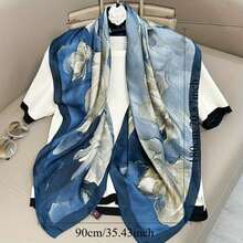 1pc Navy Blue Floral Print Lightweight Headscarf/Shawl, Cream Yellow Flower Bohemian Breathable Scarf Accessory For Spring/Summer, Great Gift - Multicolor - View 4