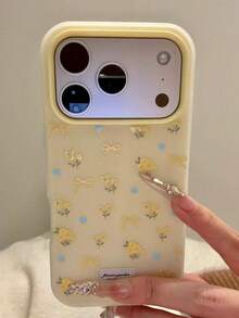 奢华二合一淡黄色蝴蝶结花朵蓝色爱心磨砂手机壳，兼容 17 Pro Max/16/15/14 Pro Max Plus，黄色背景背壳，防震保护套，适合清新节日，送给朋友的礼物 - 黃色 - 查看 1