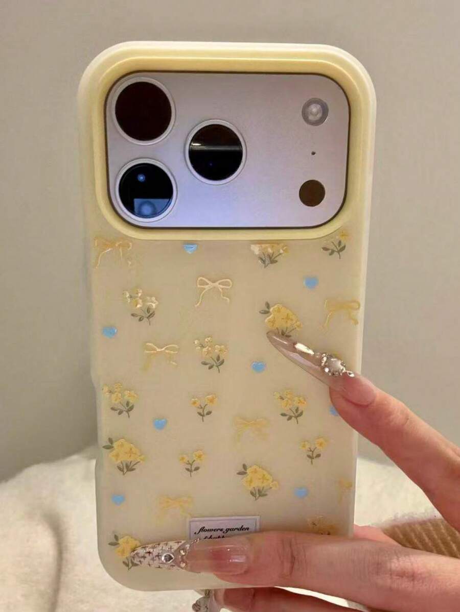 奢华二合一淡黄色蝴蝶结花朵蓝色爱心磨砂手机壳，兼容 17 Pro Max/16/15/14 Pro Max Plus，黄色背景背壳，防震保护套，适合清新节日，送给朋友的礼物 - 黃色 - 查看 1