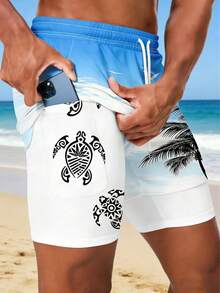 男士海龟棕榈树印花双层沙滩短裤，男士度假风沙滩裤 - 彩色 - 查看 1