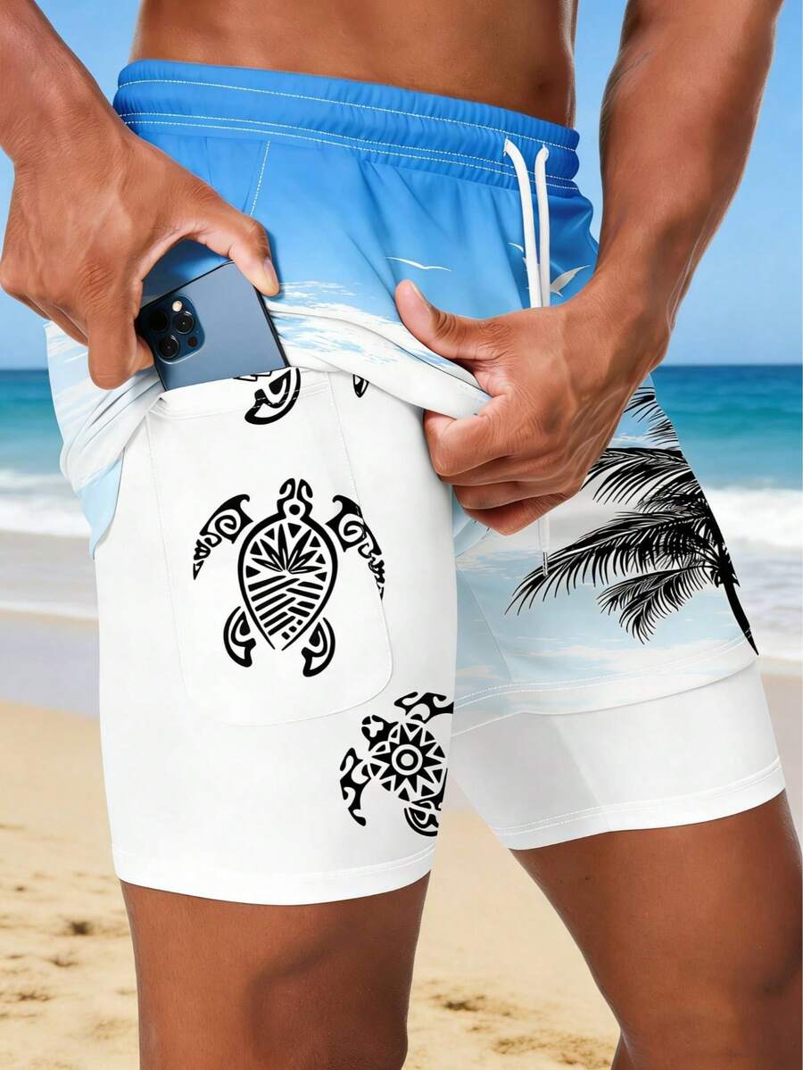 男士海龟棕榈树印花双层沙滩短裤，男士度假风沙滩裤 - 彩色 - 查看 1