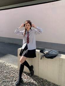 Women's Long-Sleeved Shirt, Regular Collar, Solid Color, With Pocket, Comes With A Striped Tie Set, Slim Fit, Flattering Silhouette, Light Blue, Casual, Office, School, Daily Wear, Date, Spring, Summer, Autumn, Winter, Easy To Wear. - Blue - View 2