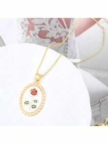 Mặt dây chuyền hình hoa hồng oval đính ngọc trai giả, thiết kế giọt dầu, món quà trang sức ngọt ngào hàng ngày dành cho các cô gái tuổi teen. - Nhiều màu - Xem 6