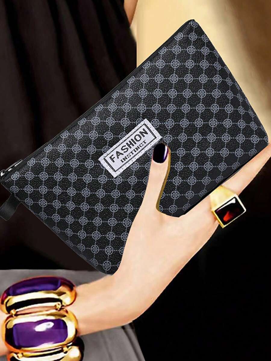 El bolso a rayas con una correa estampada, impreso con el símbolo del dinero, hecho de cuero suave, es un diseño para hombres y mujeres, adecuado para una pareja. - Negro - Ver 1