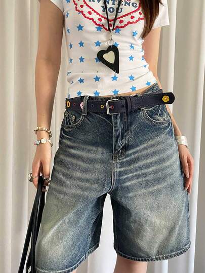 1 chiếc thắt lưng nữ bằng da PU màu xanh hải quân, thiết kế họa tiết nhiều màu sắc, trang trí kiểu denim, thời trang.