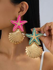 一对度假风海洋主题女士耳环，饰有时尚的波西米亚贝壳、海星和其他海洋生物造型。耳环采用夸张的金属设计，适合日常佩戴、街头风和海滩派对。 - 一對耳環 - 查看 1