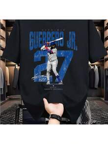 The Little Herrera Men's#Toronto 27 Design Baseball Jersey - Official Fan Apparel, Featuring A Striking Distinctive Logo And Number 27, Breathable And Comfortable For All Seasons, Suitable For Casual Wear And Game Days, Predominantly White With Blue Lettering And Black Stripes, Machine Washable (Ideal For Baseball Fans And Young Herrera Supporters) - Lightweight Summer Jersey Style, Crew Neck, Regular Fit. - 黑色 - 查看 1