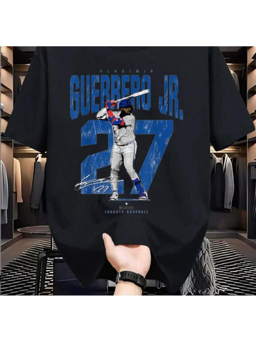The Little Herrera Men's#Toronto 27 Design Baseball Jersey - Official Fan Apparel, Featuring A Striking Distinctive Logo And Number 27, Breathable And Comfortable For All Seasons, Suitable For Casual Wear And Game Days, Predominantly White With Blue Lettering And Black Stripes, Machine Washable (Ideal For Baseball Fans And Young Herrera Supporters) - Lightweight Summer Jersey Style, Crew Neck, Regular Fit. - 黑色 - 查看 1