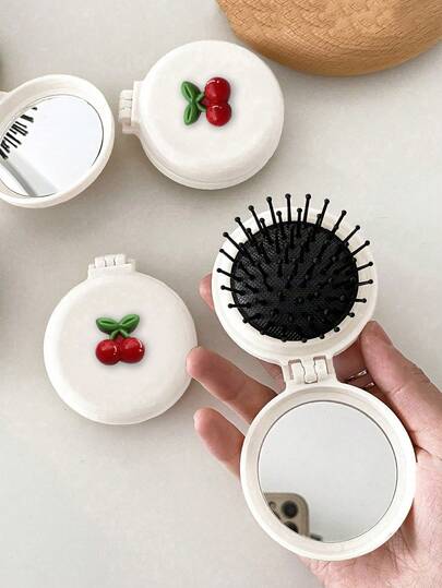 1个樱桃图案便携式气垫化妆镜梳，可折叠口袋化妆镜，花朵造型桌面镜，女士旅行便携化妆镜，二合一化妆镜梳，旅行必备，婚礼，派对，生日礼物，配饰，化妆品，价格实惠，房间装饰，梳妆台，旅行，卧室，化妆工具，镜子，化妆镜，便宜，圣诞礼物，化妆品，化妆工具，价格实惠，礼物，女士礼物，圣诞礼物
