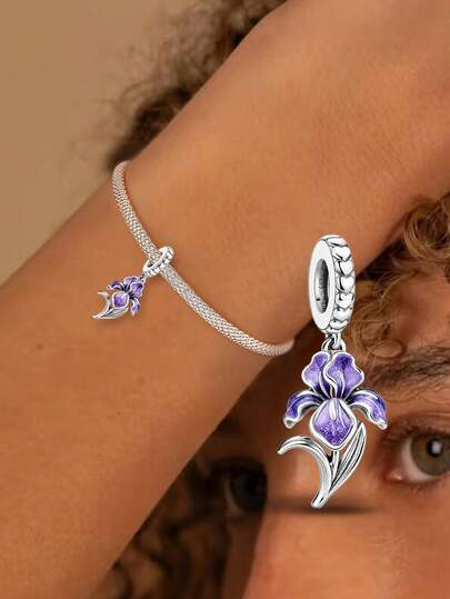 1pc 925 Sterling Silver Blooming Iris Flower Pendant Bead, Suitable For Women Bracelet, Bangle DIY Jewelry Making And Daily Decoration, Decorative Jewelry For Girls