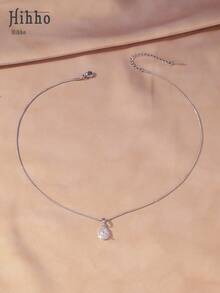 Hihho 1pc Fashionable Minimalist Versatile Water Drop, Heart, Square Pendant Necklace, Creative Luxury Stainless Steel Clavicle Necklace Suitable For Daily, Festival, Outing - Silver - View 5