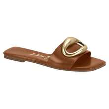 Vizzano Soft Leather Flat Slide Sandals With Modern Golden Detail - Camel and Gold - View 1