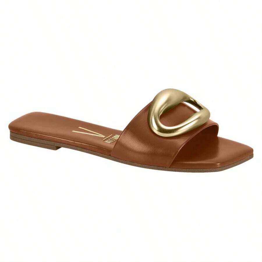 Vizzano Soft Leather Flat Slide Sandals With Modern Golden Detail - Camel and Gold - View 1