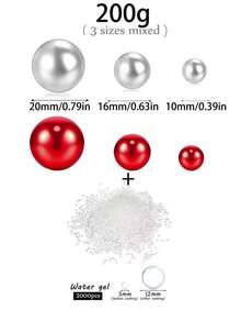 200克人造无孔漂浮珍珠，混合尺寸10毫米/16毫米/20毫米，可用于花瓶填充、婚礼装饰、漂浮蜡烛装饰、家居摆件，适合DIY婚礼、生日、主题派对、情人节、万圣节、圣诞节装饰（含水珠） - 紅色+白色 - 查看 11