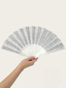 Shiny Silver Folding Fan, Summer Beach Fan, Portable Fan, Essential Event Accessory, Beach Accessory, Suitable For Festivals, Weddings, Travels, Also As Mother's Day Gift, Holiday, Travel For Outdoor Activities, Vacation, Travel, Outfit Accessories, And Gifting, Camping - Silver - View 8