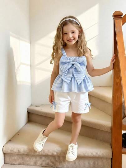 Girls 2 Pieces Set, Fashionable & Cute, Includes Striped Textured Sleeveless Top With 3D Bow Decor And White Woven Shorts With Blue Bow, Suitable For Everyday Wear And Occasions, Spring/Summer