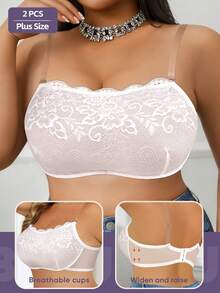 MEIYATING 2pcs Plus Size Women Lace Trim Underwire Bralette, Sexy Lightweight Supportive Comfortable Bra With Transparent Straps, Suitable For Daily Wear - Multicolor - View 5