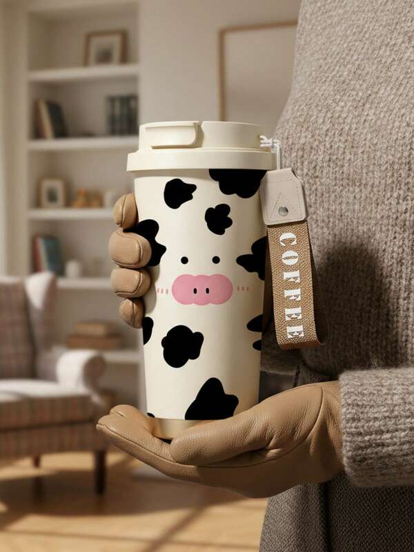 1pc 530ml / 18oz Cute Cow, Tomato & Heart Print Stainless Steel Tumbler, Multiple Styles Available, Kawaii Vacuum Insulated Travel Coffee Mug, Reusable Leakproof Water Bottle, Durable & Drop Resistant, Portable For Sports, Gym, Travel, Office, Car, All Seasons Use, Valentine's Day Gift For Men & Women, Couples, Holiday Present