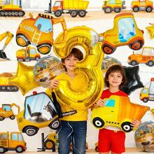 10pcs Construction Theme Aluminum Foil Balloon Set, Including Excavator, Forklift Balloons, Number Balloons, Star Balloons, Suitable For Birthday Party Decoration, Baby Shower Party - View 4