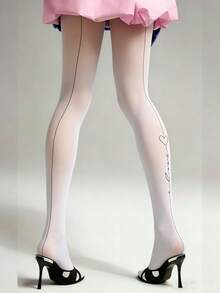 1 Pair White Sheer Tights With Black Heart Print Sexy Contrast Pattern Stockings Daily Wear - Multicolor - View 2