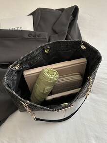 1pc Deer Decor Woven Paper Large Capacity Tote Bag, Suitable For Women's Daily And Beach Use In Spring/Summer - Black - View 9
