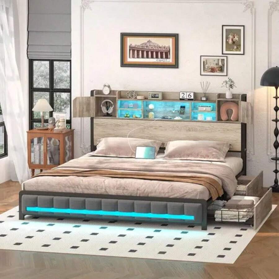 Cabecera De Cama Full Con Luces Led Y Salidas 140*15*109cm,Almacenamiento 3 Niveles + diseño multifuncional,Ideal para Dormitorios - Negro - Ver 1
