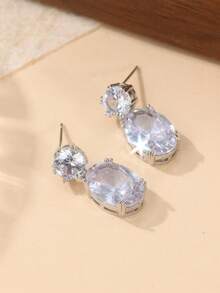 奢华铜质椭圆形合成锆石吊坠耳环，优雅珠宝，适合女性在节日、婚礼、派对等场合佩戴。 - 銀色 - 查看 5