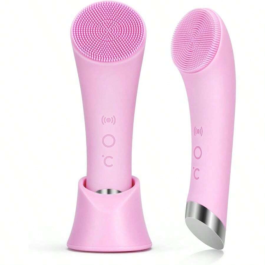 Cleansing Brush, Rechargeable Silicone Face Scrubber With Heat Massage End, Vibrating Exfoliator Scrubber Deep Cleaning, Waterproof Face Brush Women And Men (Pink) - 粉色 - 查看 1