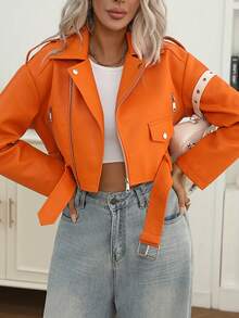 女士仿皮短款夹克，翻领拉链摩托车夹克，配腰带 - 橘色 - 查看 4