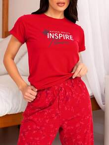 Women Printed Fabric Relaxed Cottonline Short Sleeve Regular Homewear Set - Red - View 2