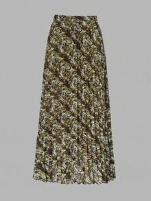 女士优雅佩斯利印花褶裥松紧腰半身裙，适合日常通勤，春夏穿着 - 花綠 - 查看 3