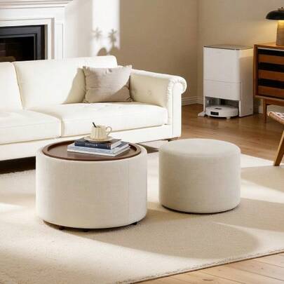 Ball & Cast Two-Piece Built-In Storage Stool Set, Footstool With Linen Cover And Wooden Shelves, Round Coffee Table And Bench 58 Cm, Beige