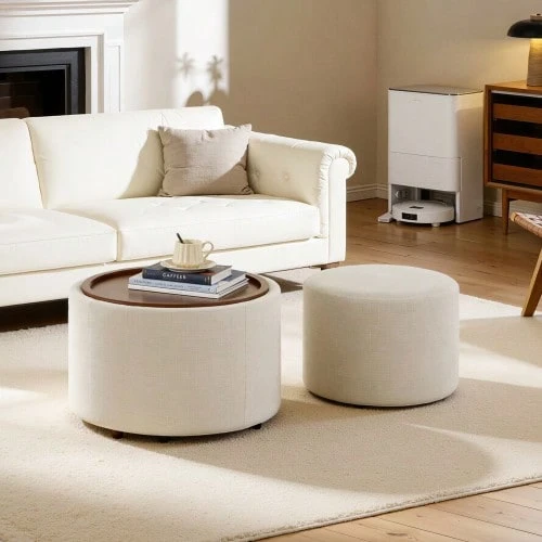 Ball & Cast Two-Piece Built-In Storage Stool Set, Footstool With Linen Cover And Wooden Shelves, Round Coffee Table And Bench 58 Cm, Beige - Beige - View 1