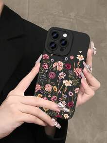 Funda de teléfono con impresión UV de fondo negro con flor de estampado floral disperso, apta para iPhone 17-11 Pro Pro Max Plus y Series, regalo para todas las ocasiones, versión internacional, no la versión nacional - Multicolor - Ver 2