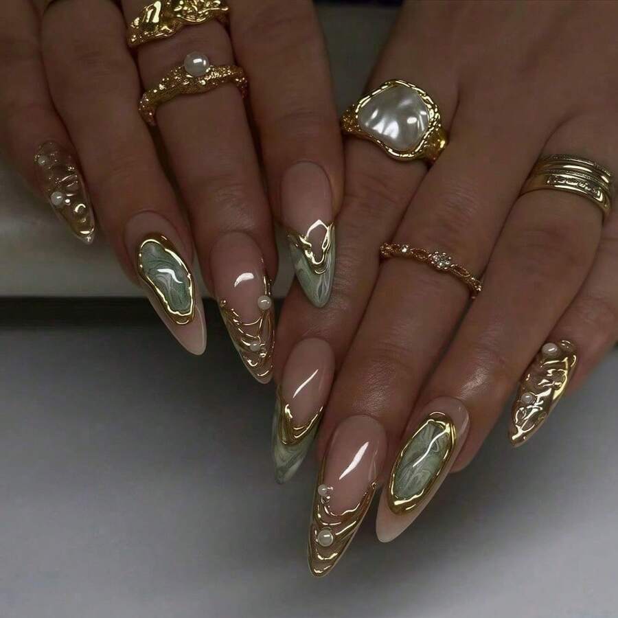 Agate And Pearl Combination Nail Art, Vintage And Elegant, 24 Pieces. - 1 - 查看 1
