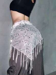 1pc Women's Belly Dance Costume Sequin Tassel Triangle Belly Dance Hip Scarf Women's Thai//Arabic Dance Skirt Belt - 粉色 - 查看 3