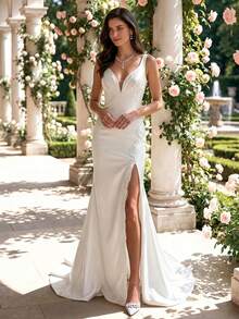 HEARBOBO V-Neck Minimalist Fitted High Slit Satin Prom Dress Wedding Dress Cocktail & Prom Gown - White - View 7