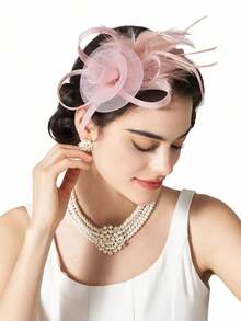 Bộ 2 món gồm mũ cài tóc Fascinator, găng tay ren, lông vũ, mũ dự tiệc trà, cocktail và khăn voan cưới, phụ kiện trang phục cho nữ. - màu hồng khỏa thân - Xem 2
