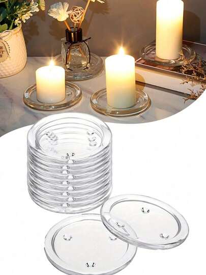 4pcs Glass Round Candle Holders, Transparent Round Glass Candle Tray Set, Transparent Pillar Candle Stand, Home Decor Dining Table Decoration, Suitable For Holiday Party, Wedding, Engagement, Anniversary