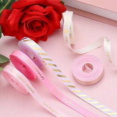 5 Yardas/Rollos de 1cm de ancho Cinta del Día de la Madre - 5 estilos de cintas de regalo de satén con letras doradas impresas "Te Amo Mamá", perfectas para envolver regalos, flores, manualidades, DIY, decoraciones del Día de la Madre y aniversario