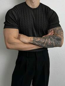 Men's Solid Color Casual Short Sleeve Knitted Top - Black - View 4