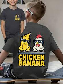 Tween Boy Casual Funny Print Crew Neck Short Sleeve T-Shirt, Summer Top - Dark Grey - View 1