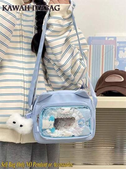 Cute Japanese Style Women's Ita Bag, Lolita Transparent Bag With Ears, Mini Crossbody Bag, Handbag, Nylon PVC Material, Portable Badge Display Board, 2025 New Fashion Gift For Girls