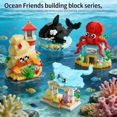 300+Pcs Building Blocks Toy DIY Ocean World Small Creatures Set - Manta Ray, Octopus, Hermit Crab, Whale, Unique Scene, Educational Puzzle Toy, Gift For Boys And Girls