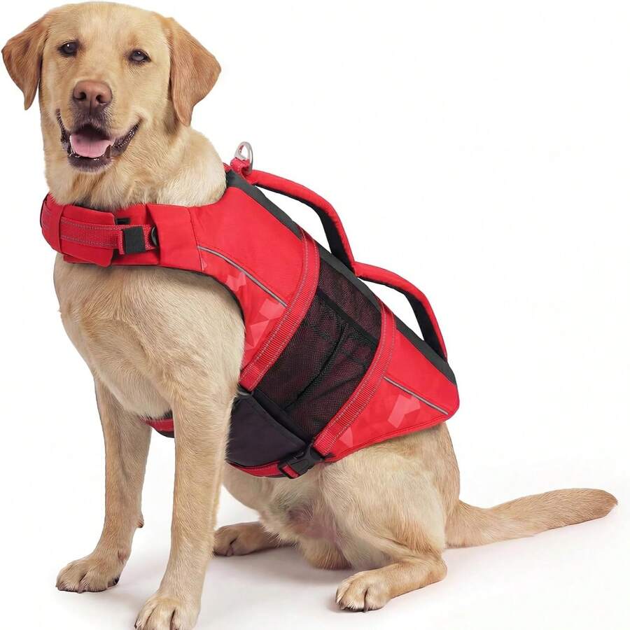 1 pieza Chaleco salvavidas ajustable de alta flotabilidad para perros con tiras reflectantes, dispositivo de flotación durable para mascotas para nadar y navegar, ligero para perros pequeños/medianos/grandes