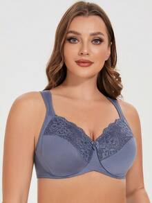 MELENECA Women Plus Size Full Coverage Wireless Lace Comfort Padded Bra - Dusty Blue - View 4