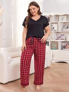 Plus Size Womens Pajama Set Soft Pjs Short Sleeve Sleepwear With Long Pants 2 Piece Lounge Sets - Black and Red - View 6
